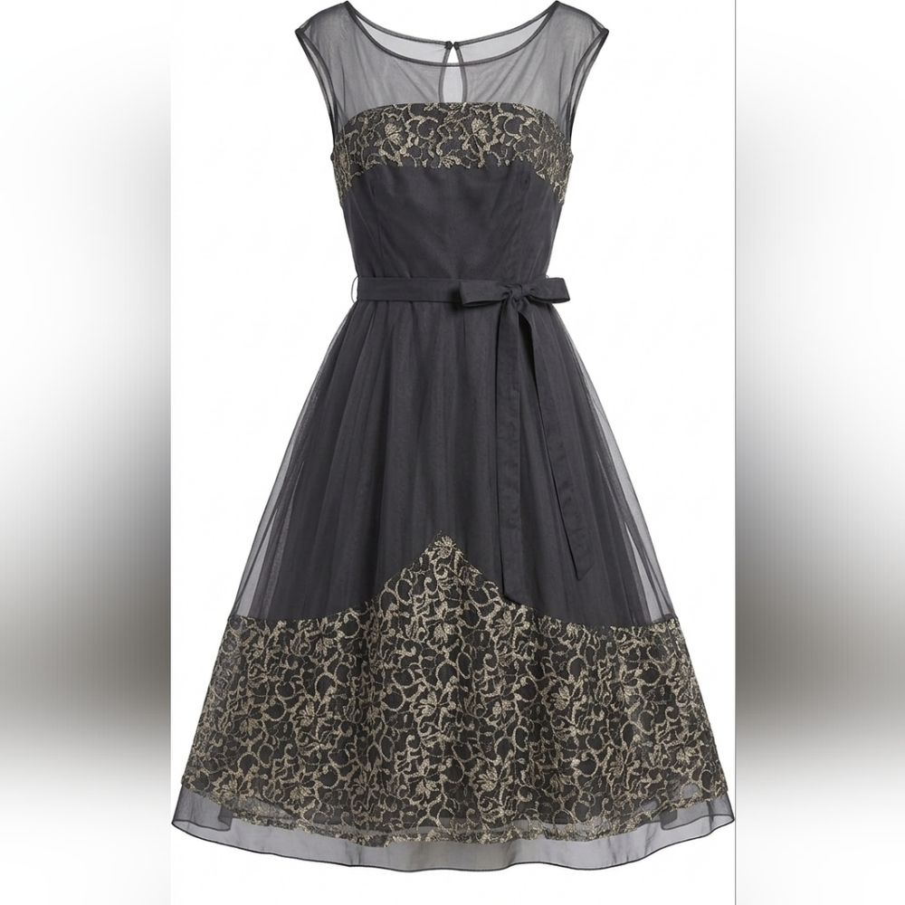 Vintage WHBM Dress with lace in a soft gold tone and delicate mesh overlay